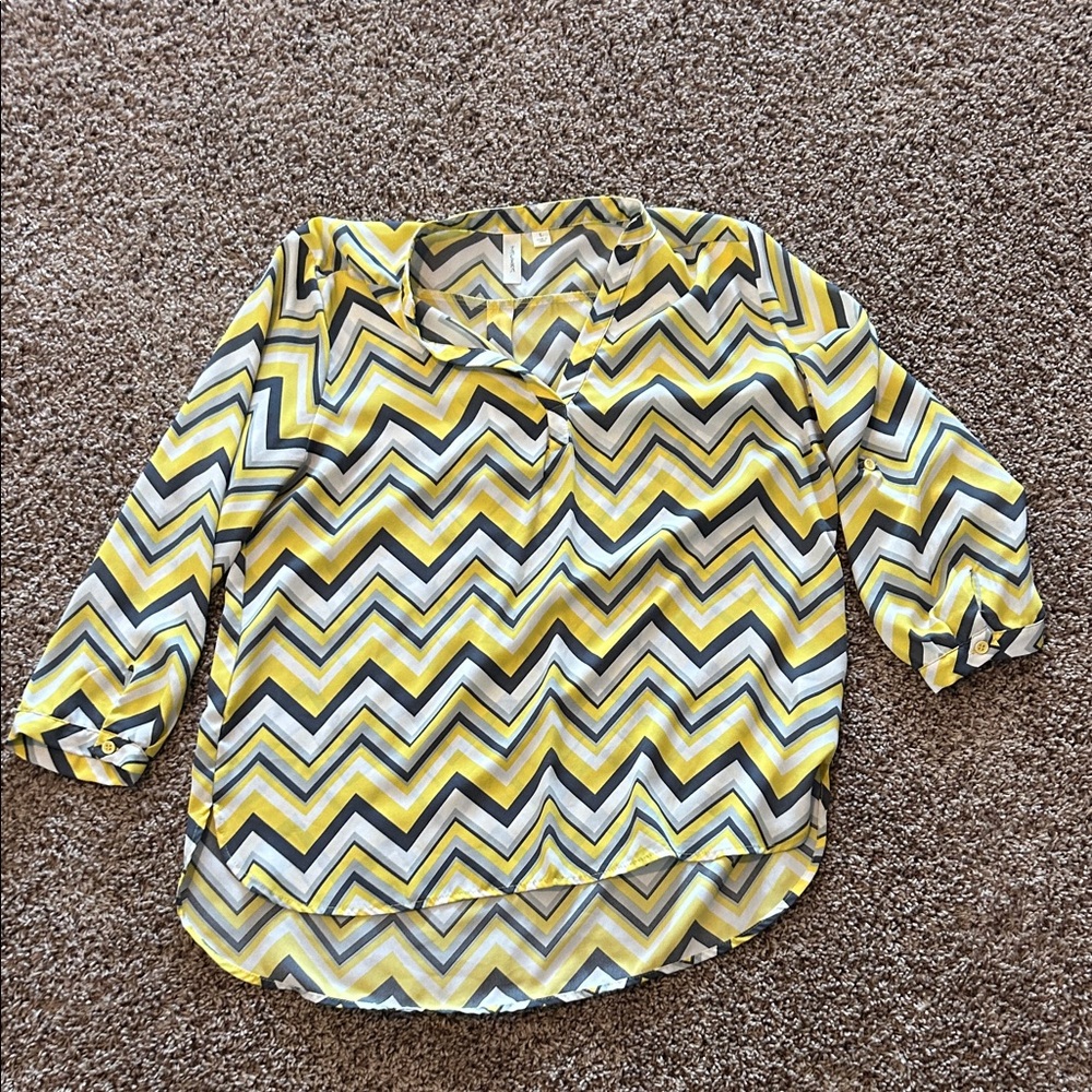 Tacera Yellow and Black Chevron Blouse